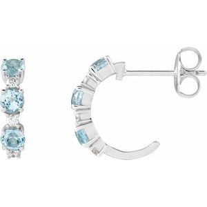 14K White Gold Round 3 Mm Natural Blue Topaz And 1/10 Ctw Natural Diamond Hoop Earrings