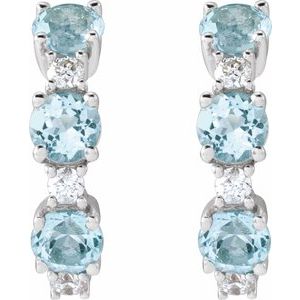 14K White Gold Round 3 Mm Natural Blue Topaz And 1/10 Ctw Natural Diamond Hoop Earrings
