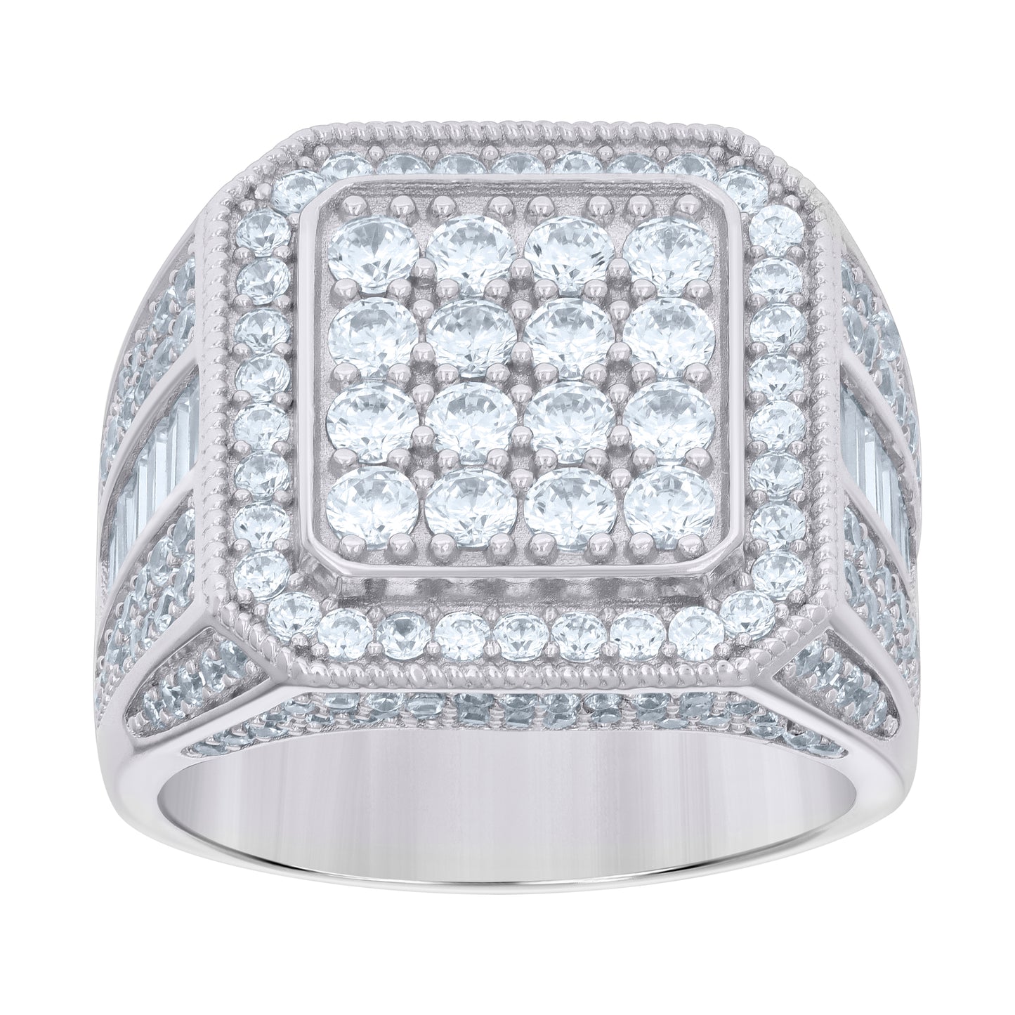 Sterling Silver Men's Baguette Round Cubic-Zirconia Square Head Fashion Bridal Anniversary Wedding Engagement Band Ring