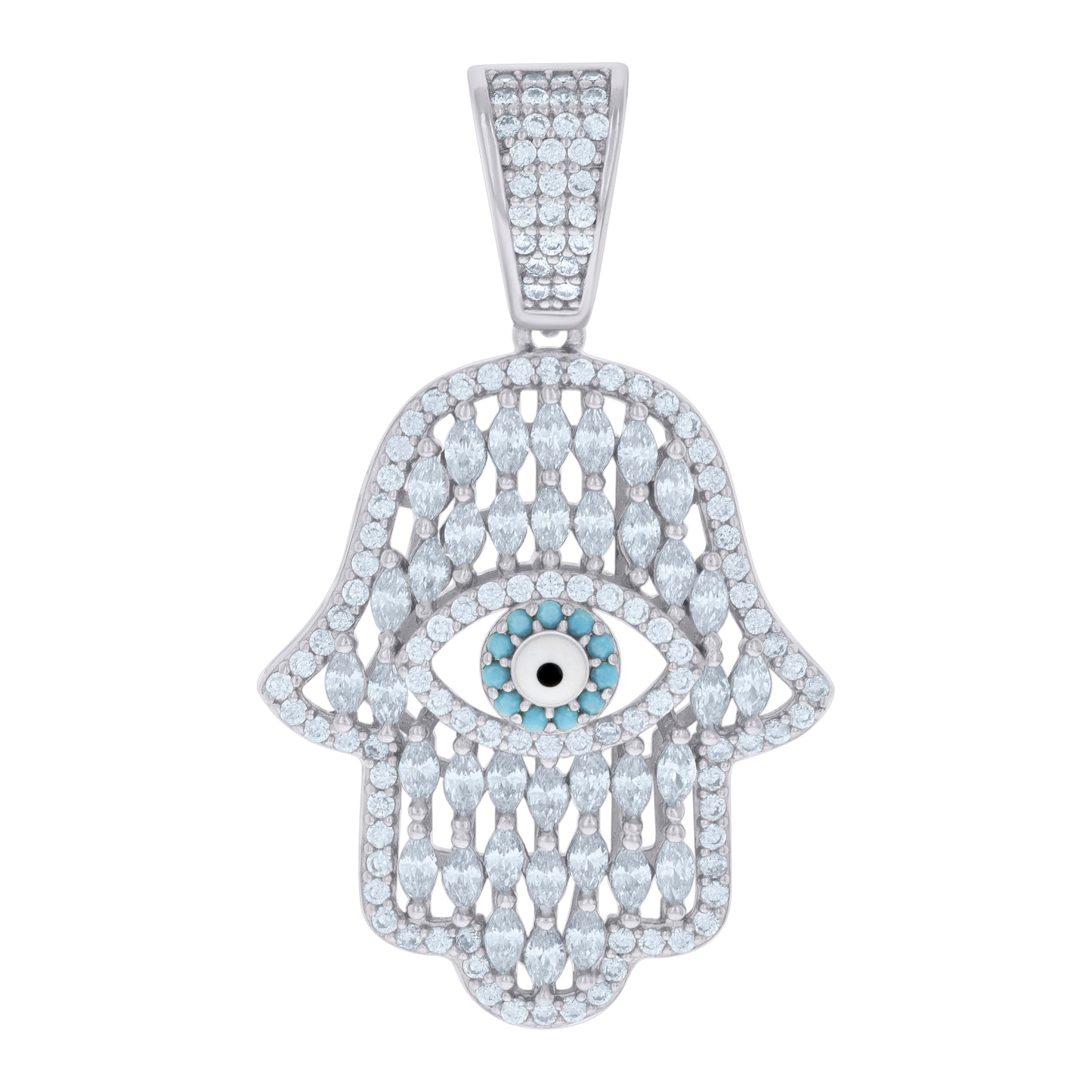 Sterling Silver Mens Marquise Round Cubic-Zirconia Enameled Hamsa Symbol Religious Charm Pendant