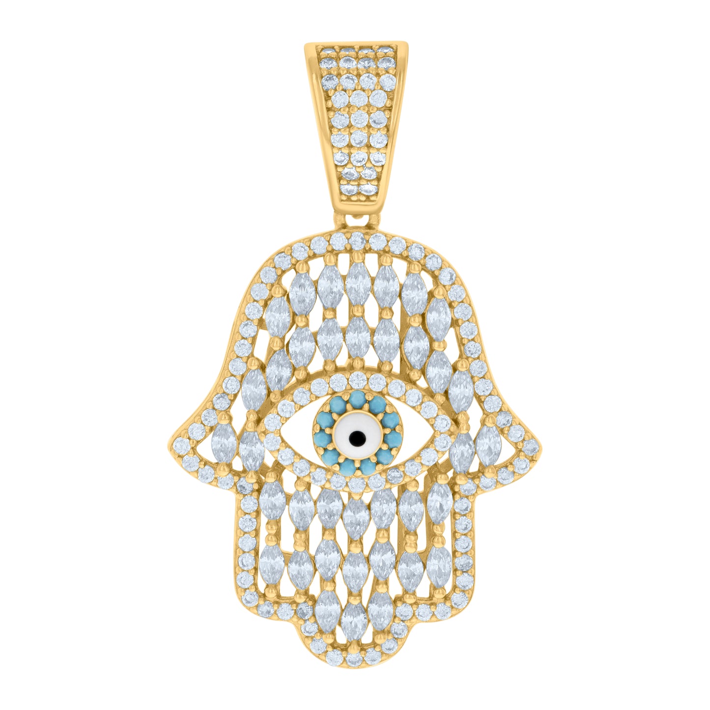 Sterling Silver Mens Marquise Round Cubic-Zirconia Enameled Hamsa Symbol Religious Charm Pendant