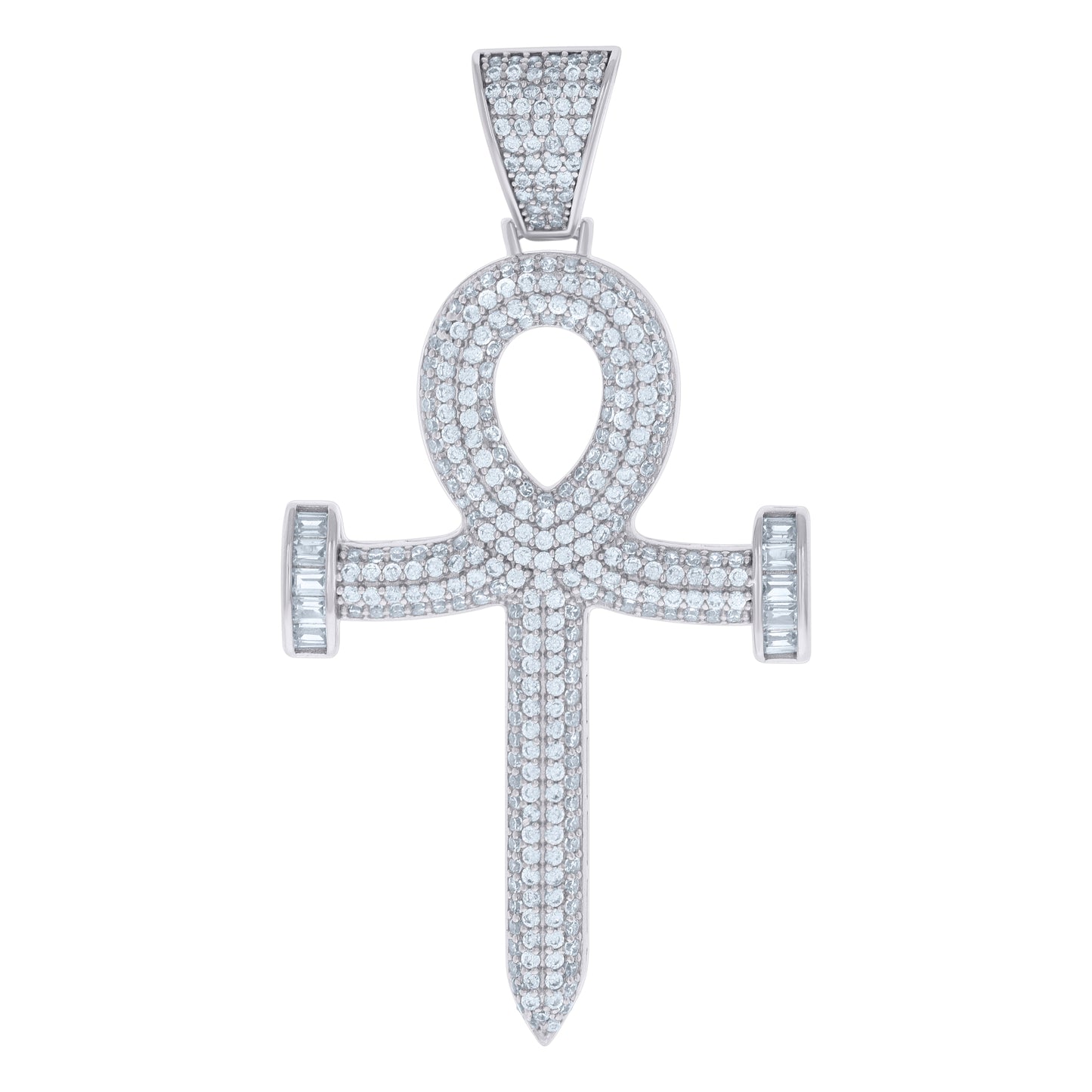 Sterling Silver Mens Baguette Round Cubic-Zirconia Egyptian Ankh Cross Religious Charm Pendant
