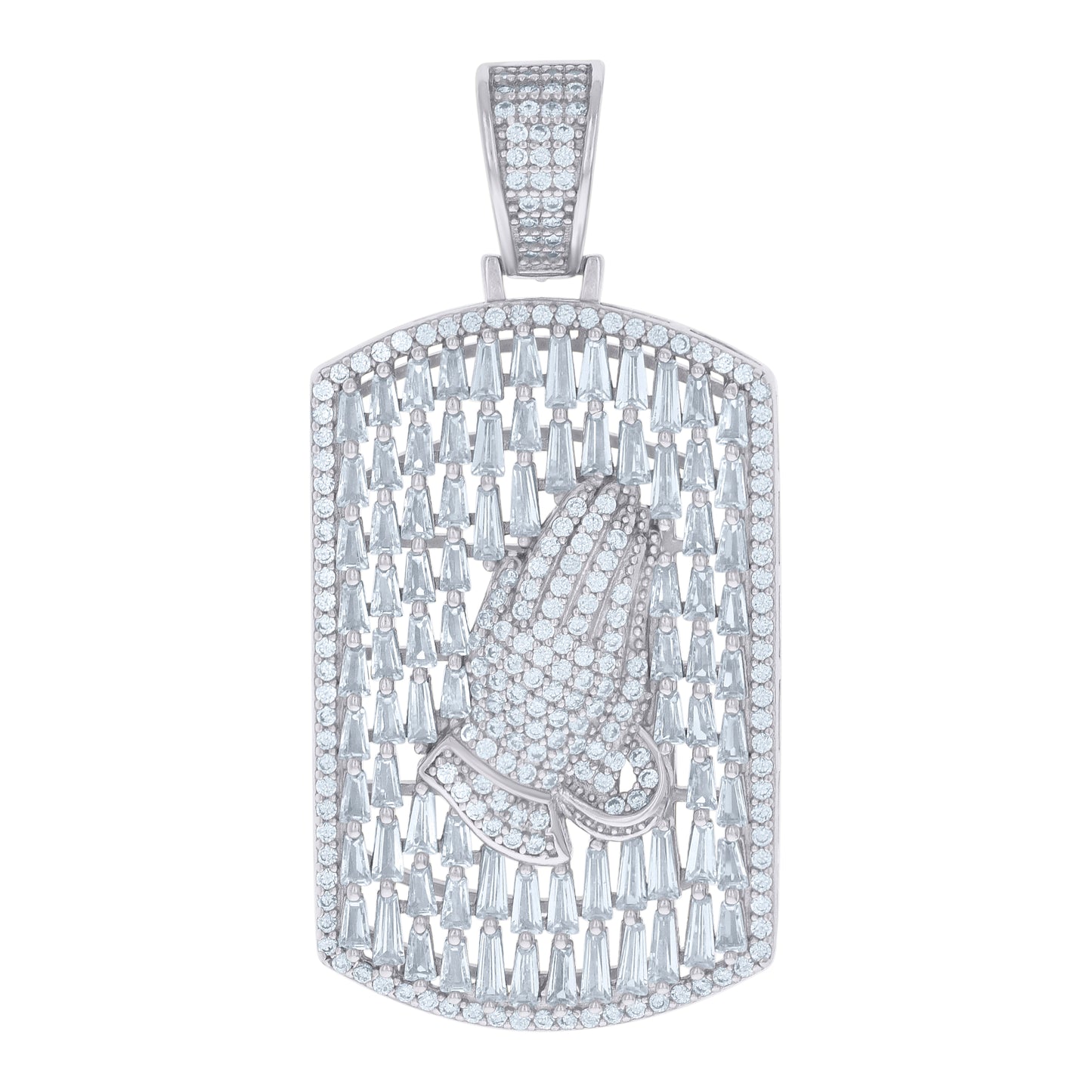Sterling Silver Mens Baguette Round Cubic-Zirconia Praying Hands Symbol Religious Dogtag Pendant