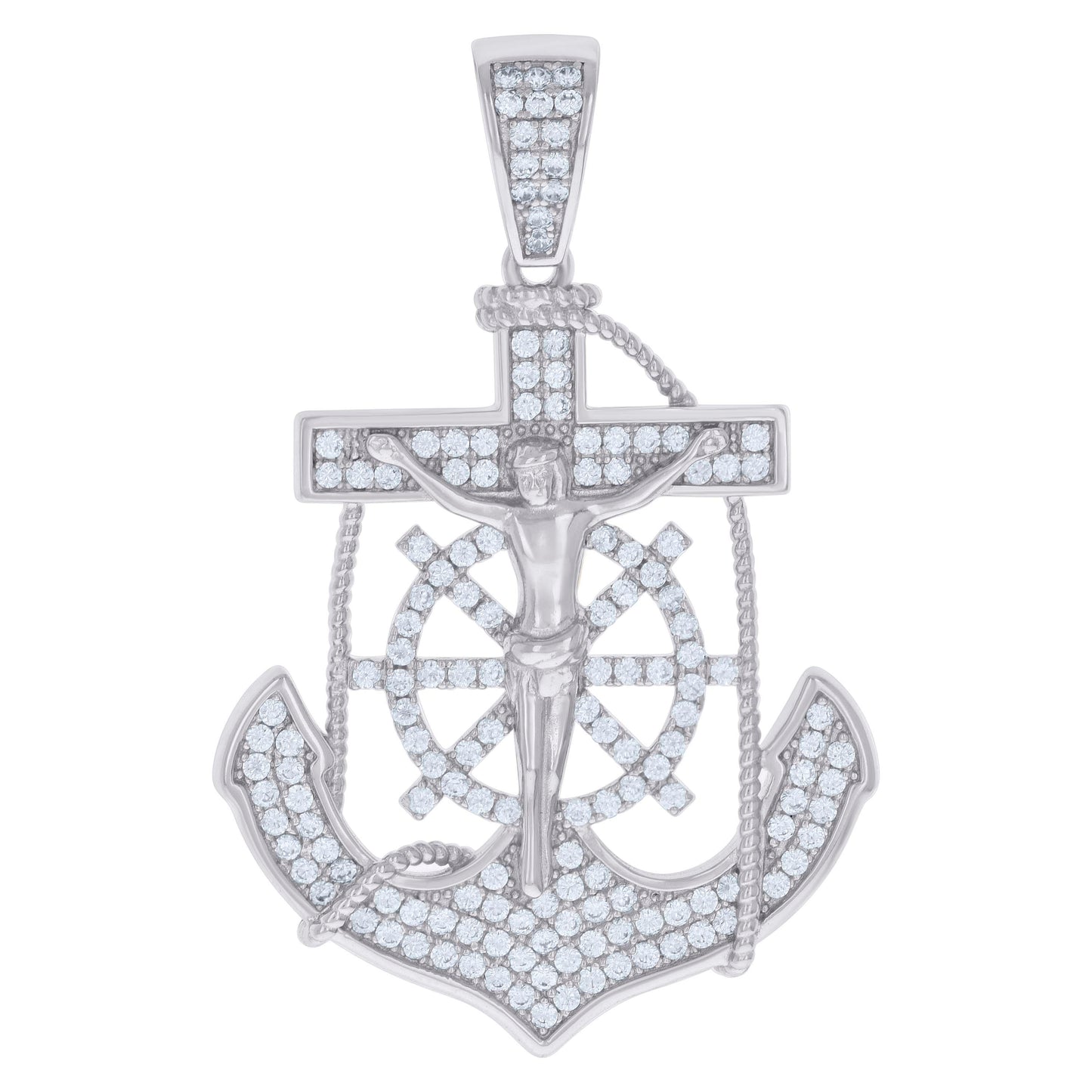 Sterling Silver Mens Cubic-Zirconia Anchor Crucifix Religious Charm Pendant