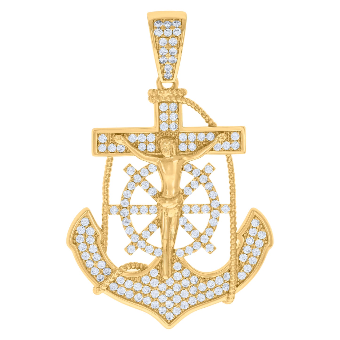 Sterling Silver Mens Cubic-Zirconia Anchor Crucifix Religious Charm Pendant