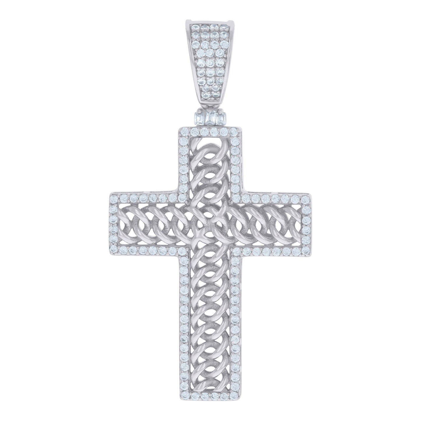 Sterling Silver Mens Baguette Round Cubic-Zirconia Cross Religious Charm Pendant