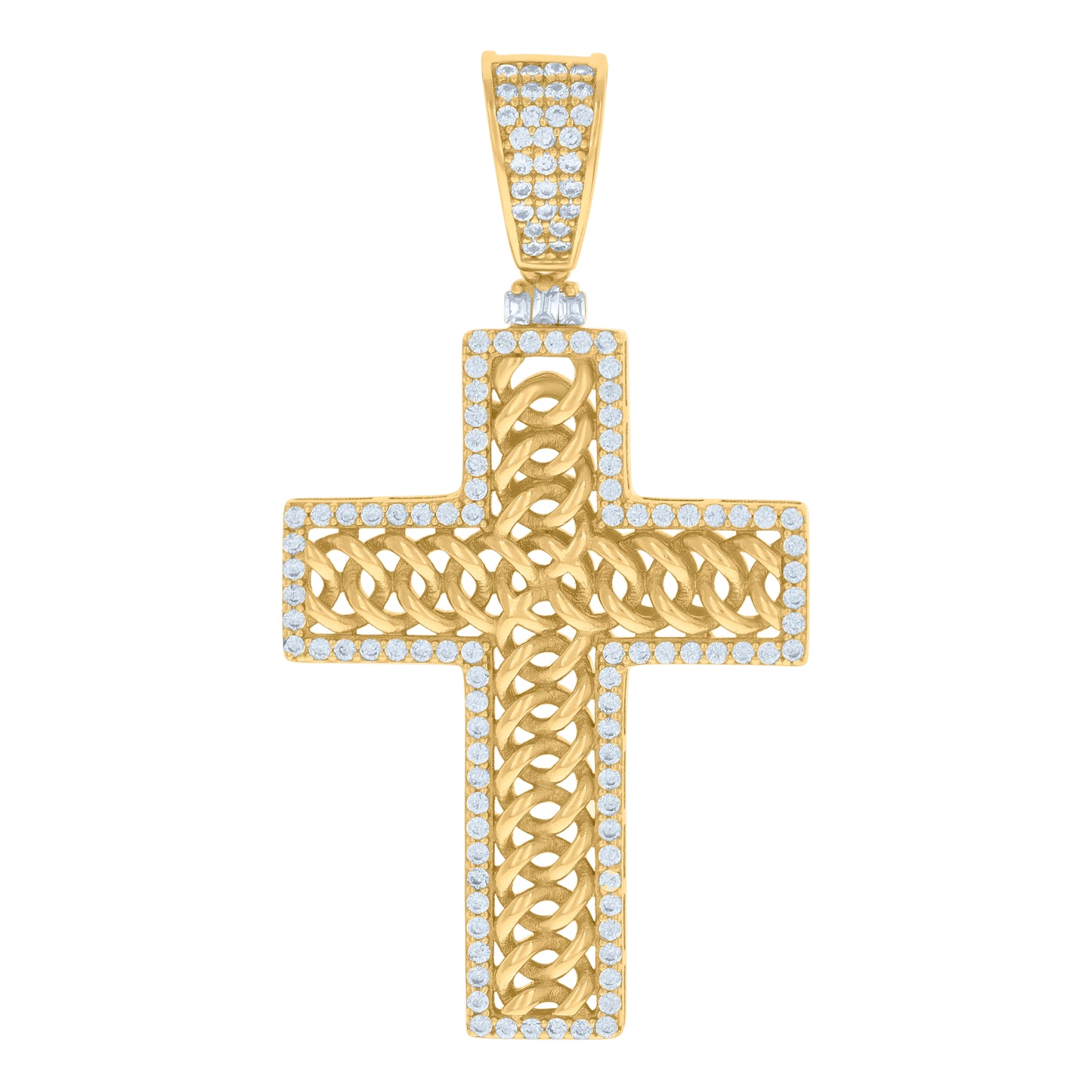 Sterling Silver Mens Baguette Round Cubic-Zirconia Cross Religious Charm Pendant