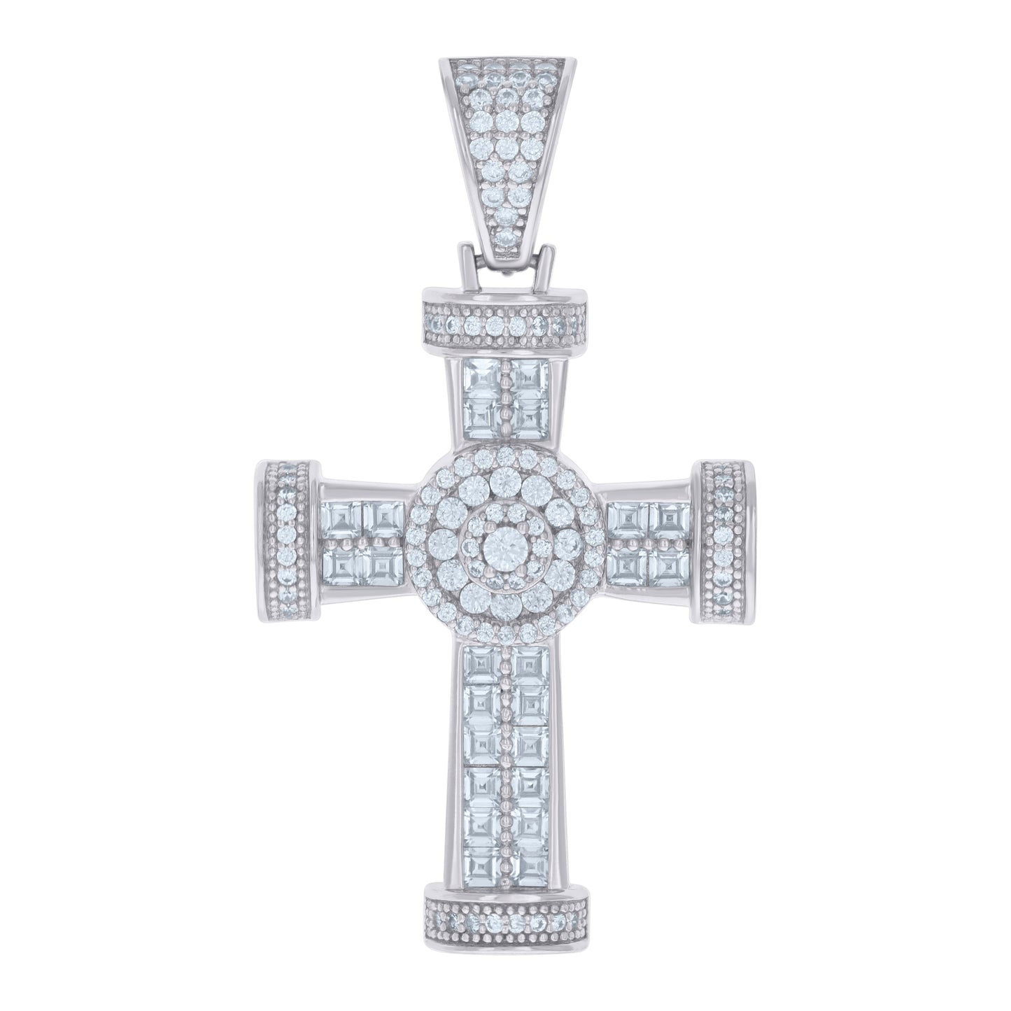Sterling Silver Mens Cushion-cut Round Cubic-Zirconia Cross Religious Charm Pendant