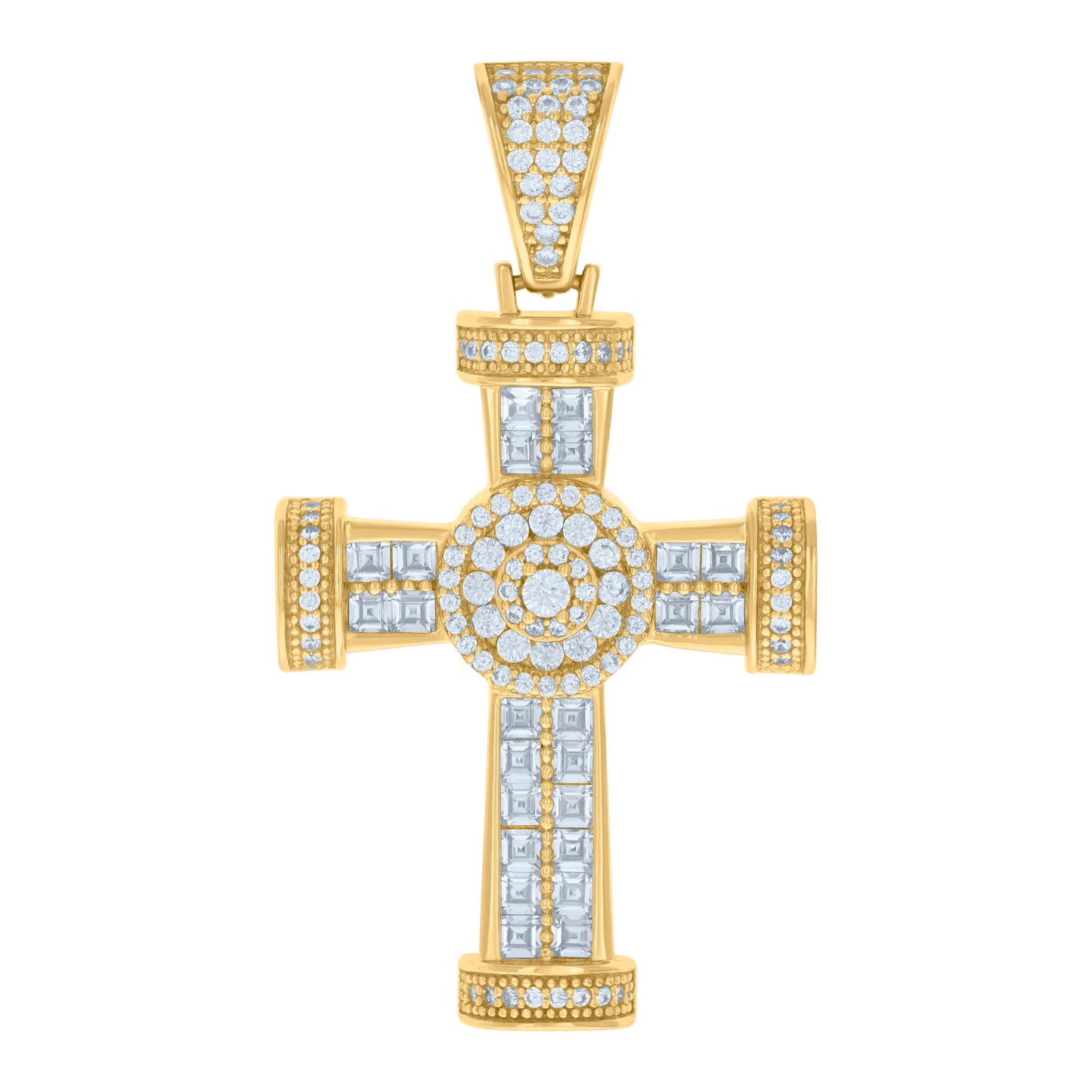 Sterling Silver Mens Cushion-cut Round Cubic-Zirconia Cross Religious Charm Pendant