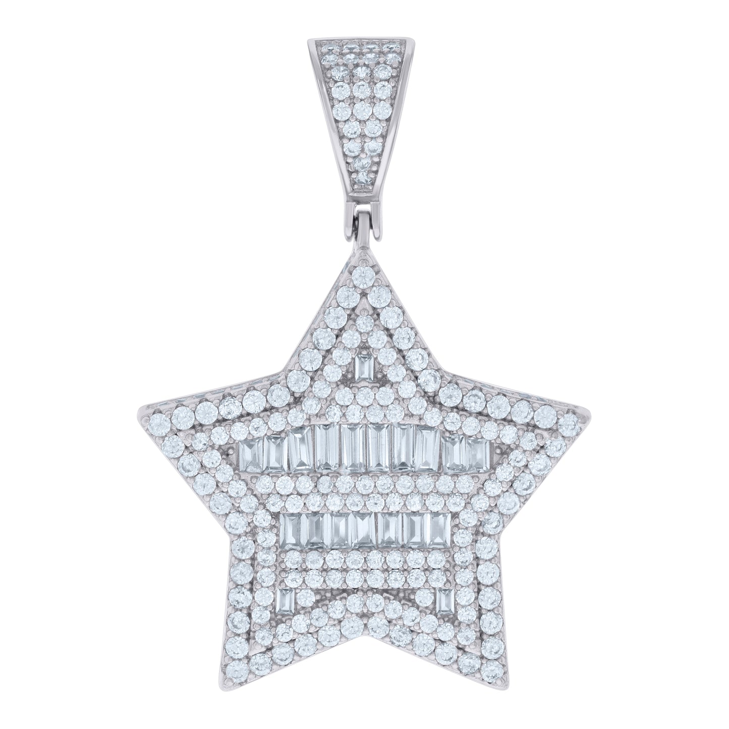 Sterling Silver Mens Baguette Round Cubic-Zirconia Star Fashion Charm Pendant