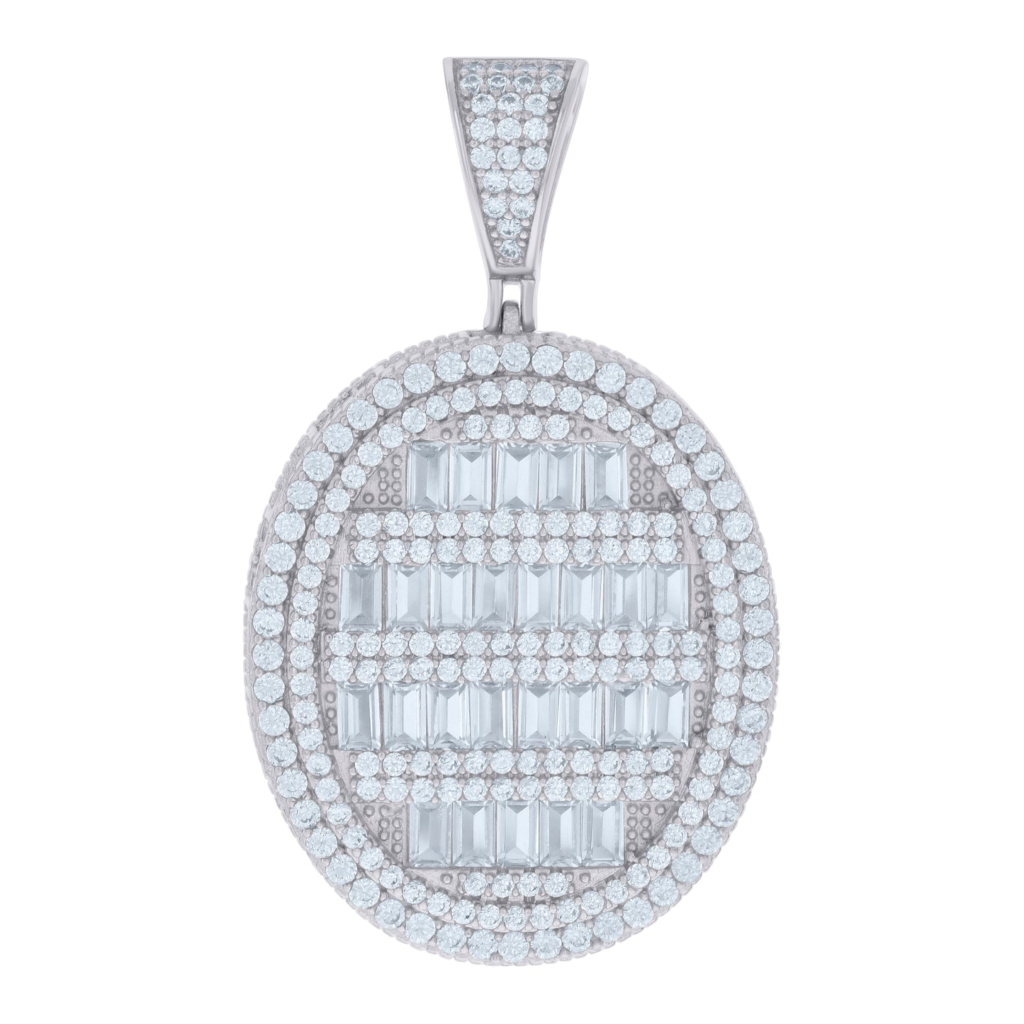 Sterling Silver Mens Baguette Round Cubic-Zirconia Oval Medallion Fashion Charm Pendant
