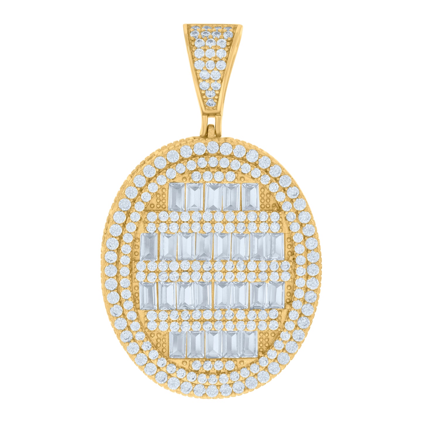 Sterling Silver Mens Baguette Round Cubic-Zirconia Oval Medallion Fashion Charm Pendant