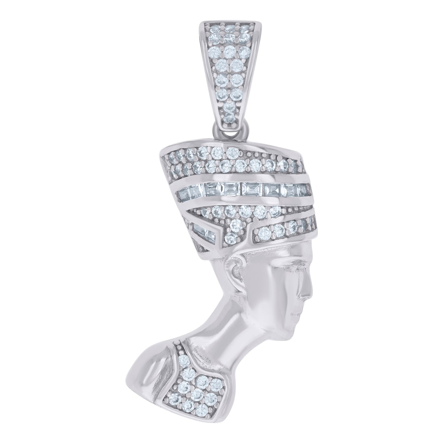 Sterling Silver Mens Baguette Round Cubic-Zirconia Nefertiti Egyptian Fashion Charm Pendant