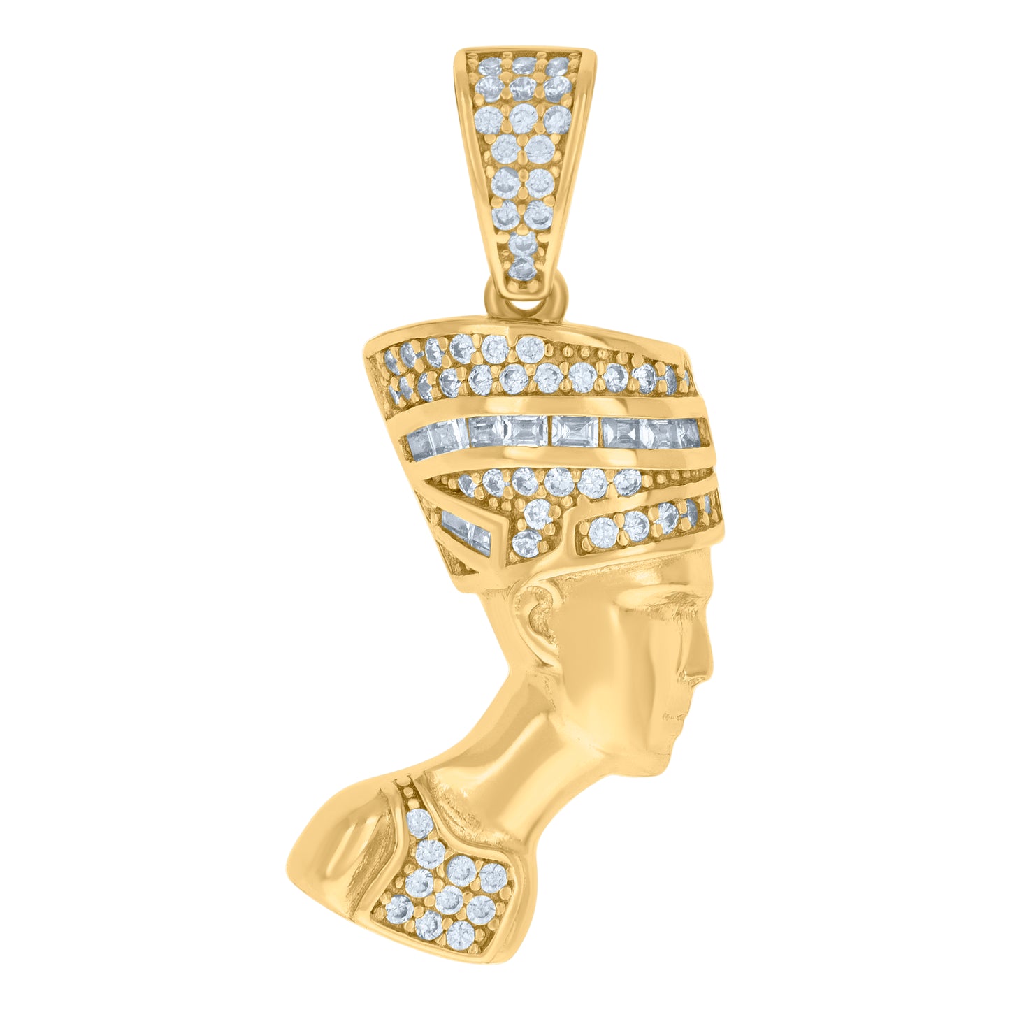 Sterling Silver Mens Baguette Round Cubic-Zirconia Nefertiti Egyptian Fashion Charm Pendant
