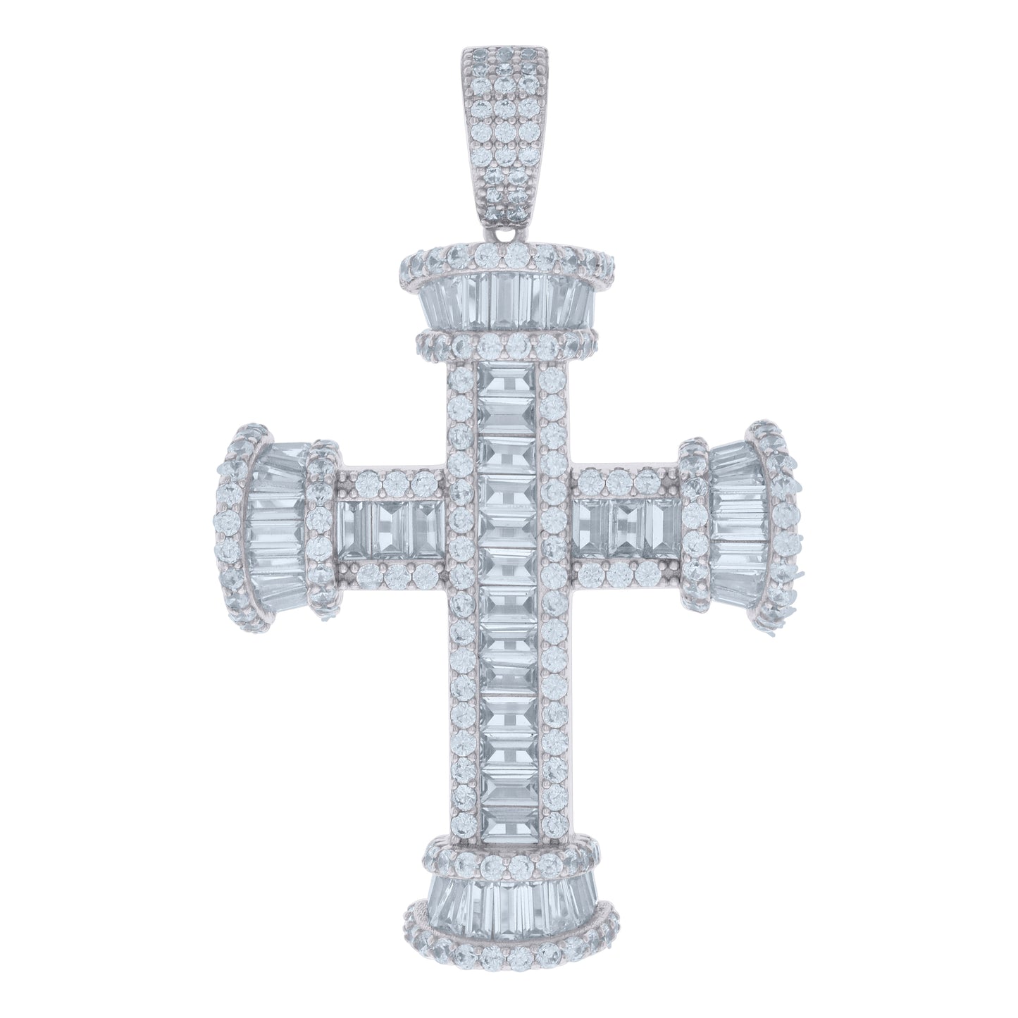 Sterling Silver Mens Baguette Round Cubic-Zirconia Cross Religious Charm Pendant