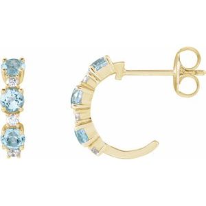 14K Yellow Gold Round 3 Mm Natural Blue Topaz And 1/10 Ctw Natural Diamond Hoop Earrings