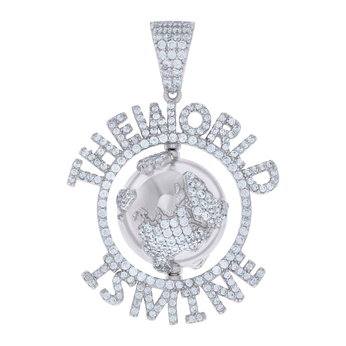 Sterling Silver Mens Cubic-Zirconia The World Is Mine World Map Charm Pendant
