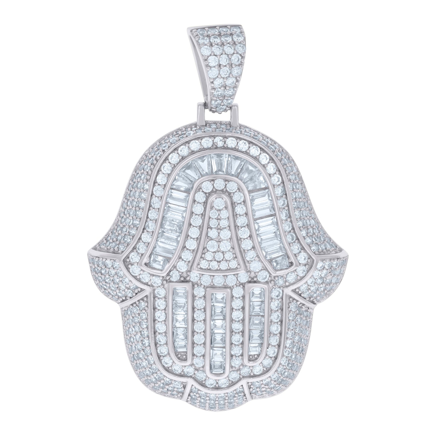 Sterling Silver Mens Baguette Round Cubic-Zirconia Hamsa Symbol Religious Charm Pendant