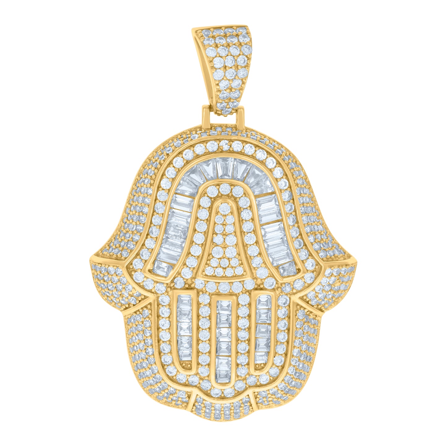 Sterling Silver Mens Baguette Round Cubic-Zirconia Hamsa Symbol Religious Charm Pendant