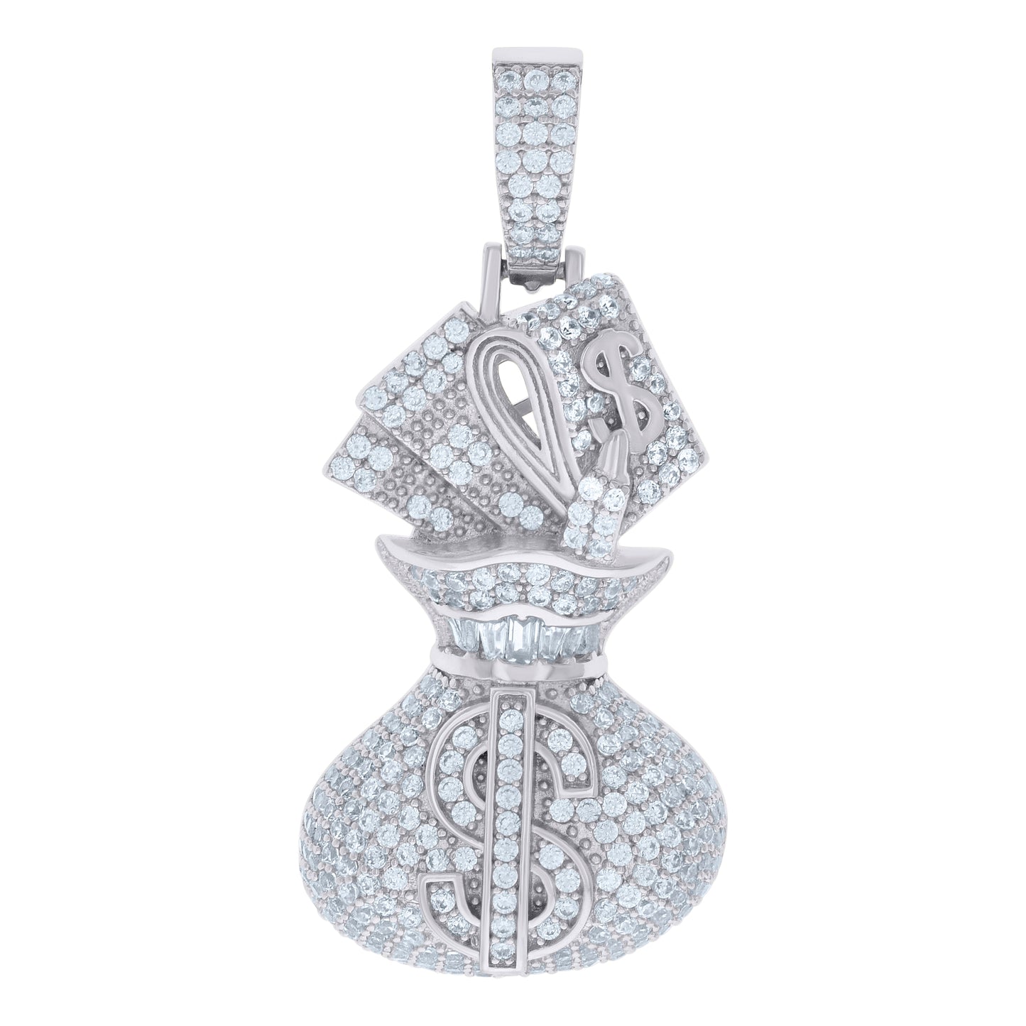 Sterling Silver Mens Cubic-Zirconia Money Bag Currency Fashion Charm Pendant