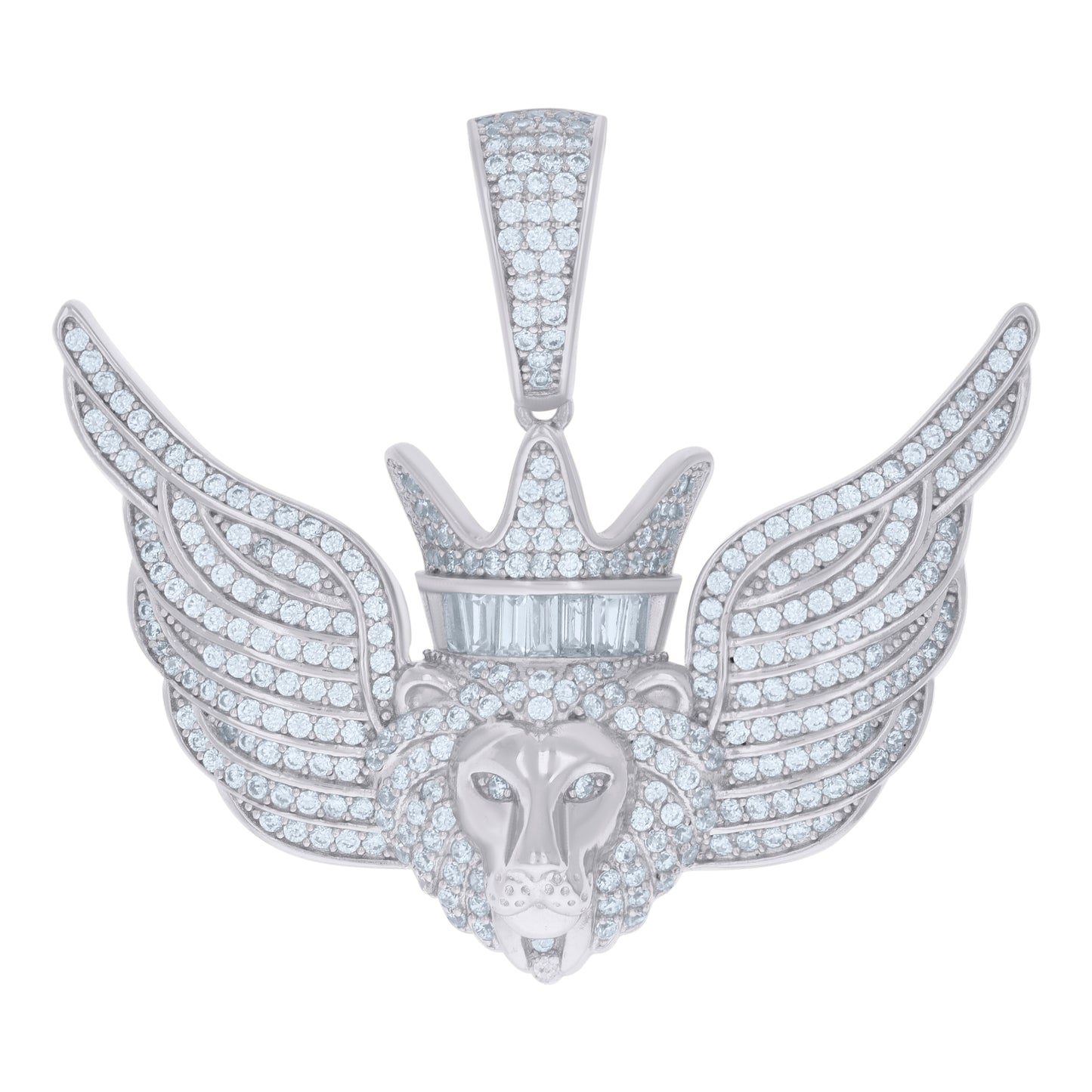 Sterling Silver Mens Baguette Round Cubic-Zirconia Flying Leo/Lion Zodiac Sign/Wildlife Pendant