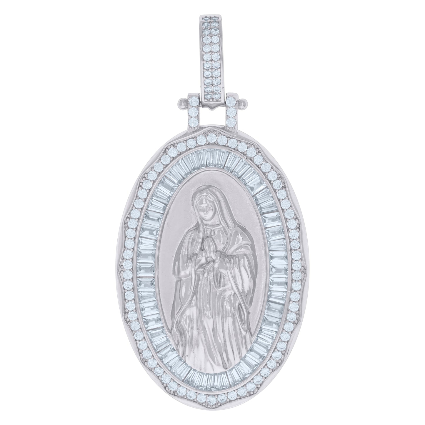 Sterling Silver Mens Baguette Round Cubic-Zirconia Guadalupe Religious Charm Pendant