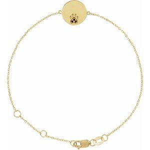 14K Yellow Gold Round 1 Mm  Natural Black Spinel Engravable Paw Print Bracelet, Length: 7.5 In