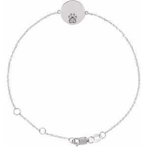 Sterling Silver Round 1 Mm  Natural White Sapphire Engravable Paw Print Bracelet, Length: 7.5 In