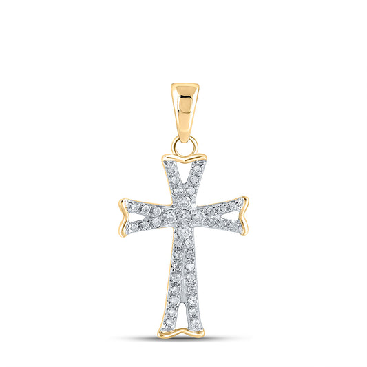 14K Yellow Gold Womens Round Diamond Flared Cross Pendant 1/8 Cttw