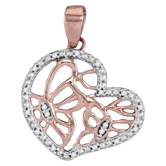 14K Rose Gold Womens Round Diamond Heart Butterfly Pendant 1/20 Cttw