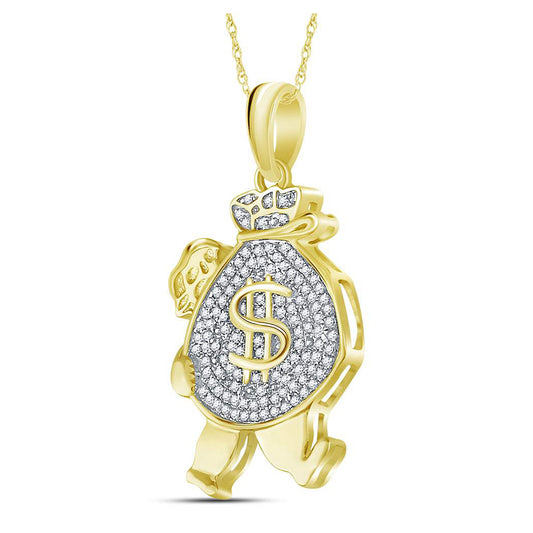 10K Yellow Gold Mens Round Diamond Money Bag Man Charm Pendant 1/4 Cttw, Length: 1.14 In, Width: 0.59 In
