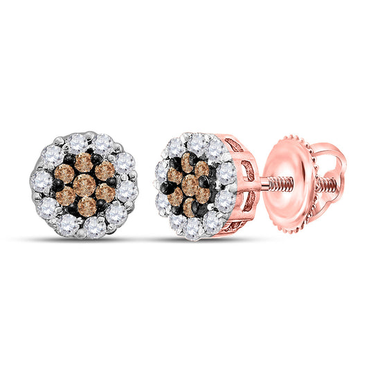14K Rose Gold Womens Round Brown Diamond Cluster Earrings 1/2 Cttw, Length: 0.24 In, Width: 0.24 In