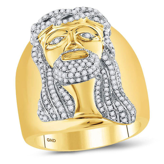 10K Yellow Gold Mens Round Diamond Jesus Face Cluster Ring 1 Cttw, Mens Size: 7-13