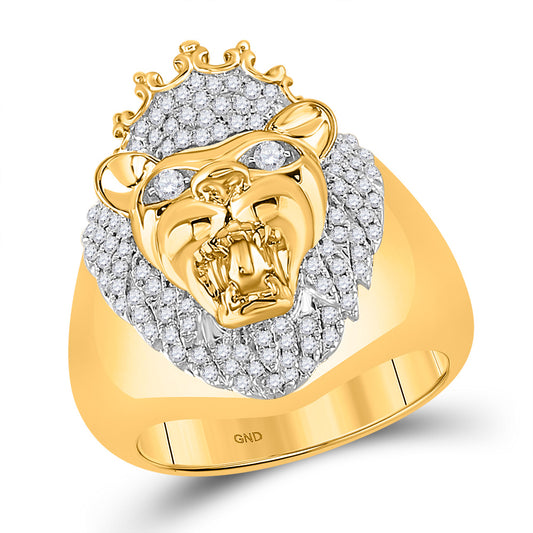 10K Yellow Gold Mens Round Diamond Lion Fashion Ring 5/8 Cttw, Mens Size: 7-13