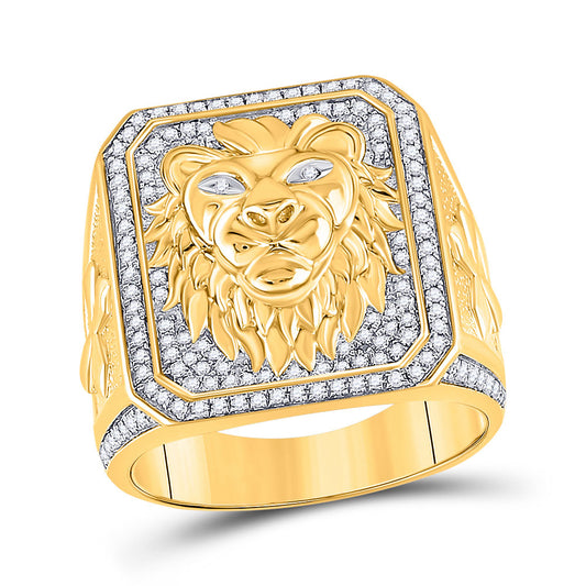 10K Yellow Gold Mens Round Diamond Lion Face Fashion Ring 5/8 Cttw, Mens Size: 7-13