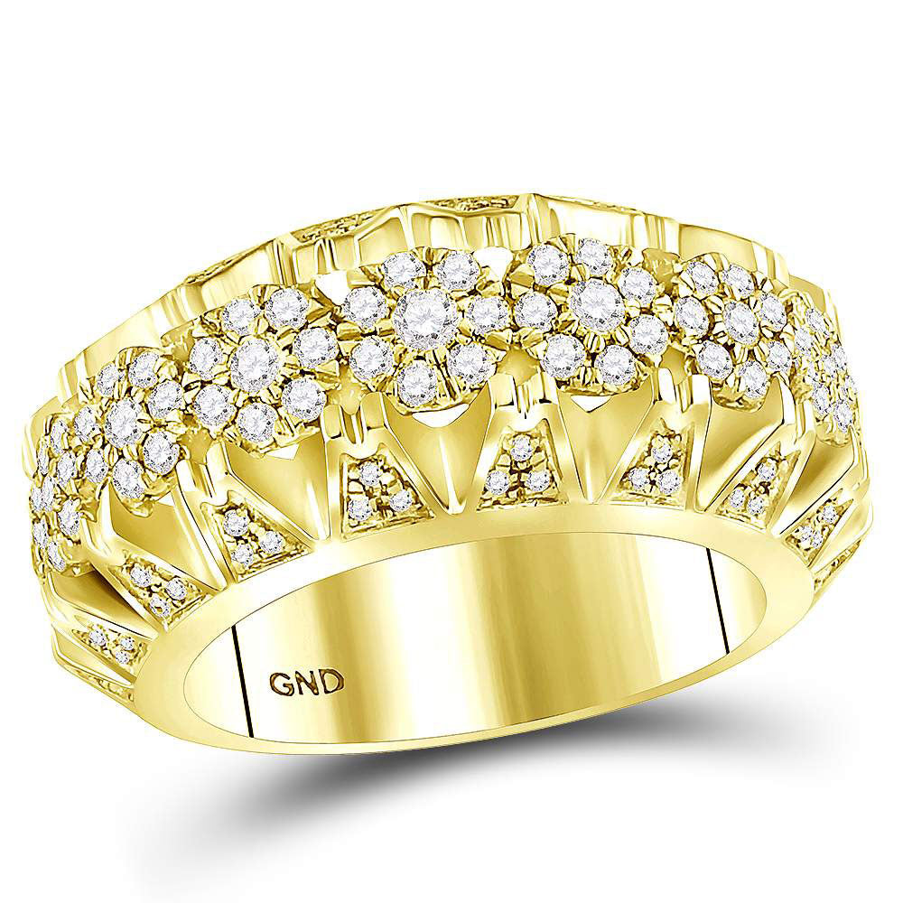 14K Yellow Gold Mens Round Diamond Cluster Luxury Band Ring 1-1/2 Cttw, Mens Size: 7-13