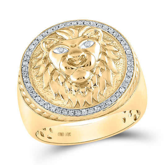 10K Yellow Gold Mens Round Diamond Lion Head Mane Ring 1/3 Cttw, Mens Size: 7-13