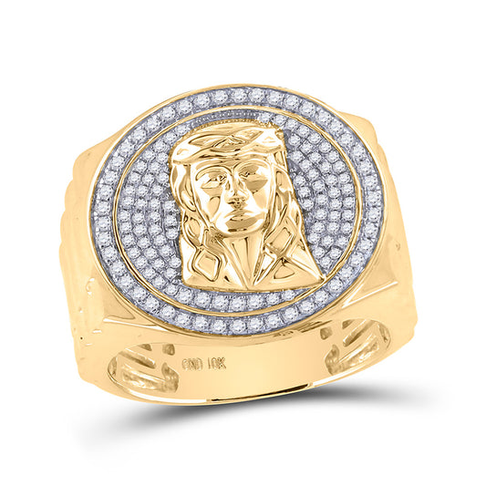 10K Yellow Gold Mens Round Diamond Jesus Face Circle Ring 5/8 Cttw, Mens Size: 7-13