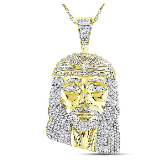 10K Yellow Gold Mens Round Diamond Jesus Face Charm Pendant 1-1/4 Cttw