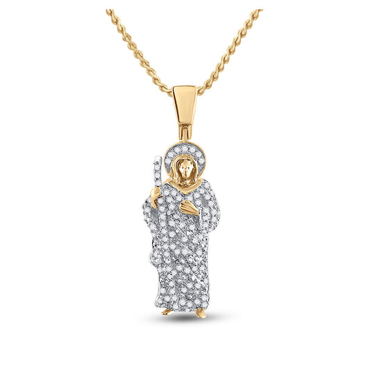 14K Yellow Gold Mens Round Diamond Jesus Saint Charm Pendant 3/8 Cttw