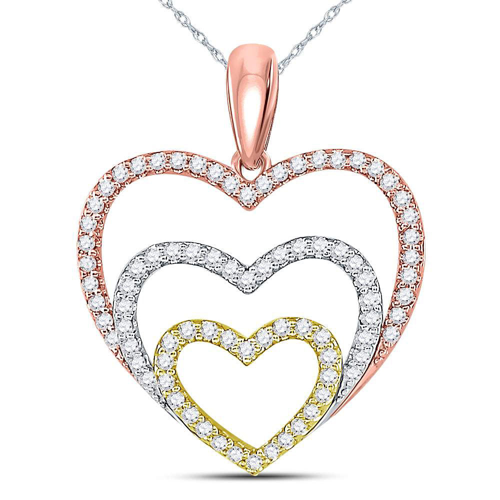 10K Tri-Tone Gold Womens Round Diamond Triple Nested Heart Pendant 1/3 Cttw