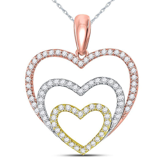 10K Tri-Tone Gold Womens Round Diamond Triple Nested Heart Pendant 1/3 Cttw