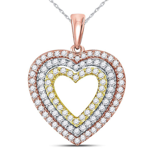 10K Tri-Tone Gold Womens Round Diamond Heart Pendant 1/2 Cttw, Length: 0.82 In, Width: 0.66 In