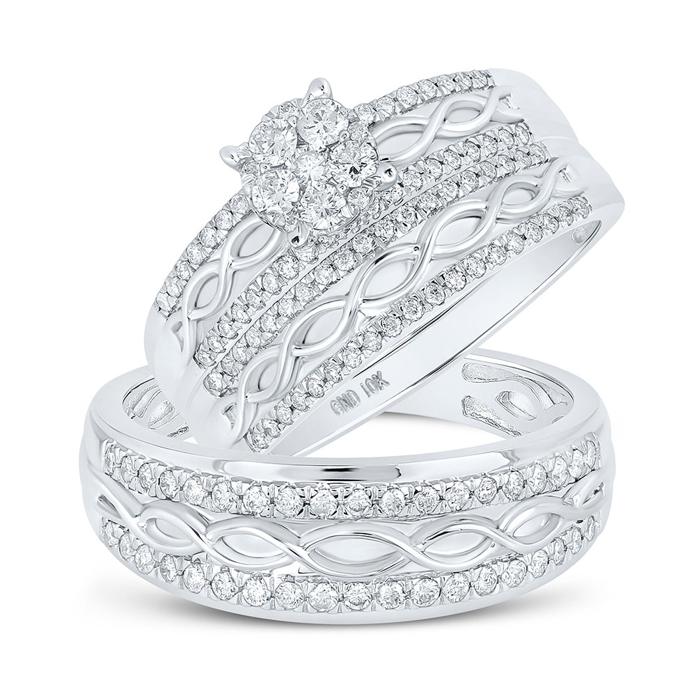 10K Yellow Or White Or Rose Gold His Hers Round Diamond Cluster Matching Wedding Set , Womens Size: 5-10, Mens Size: 7-13