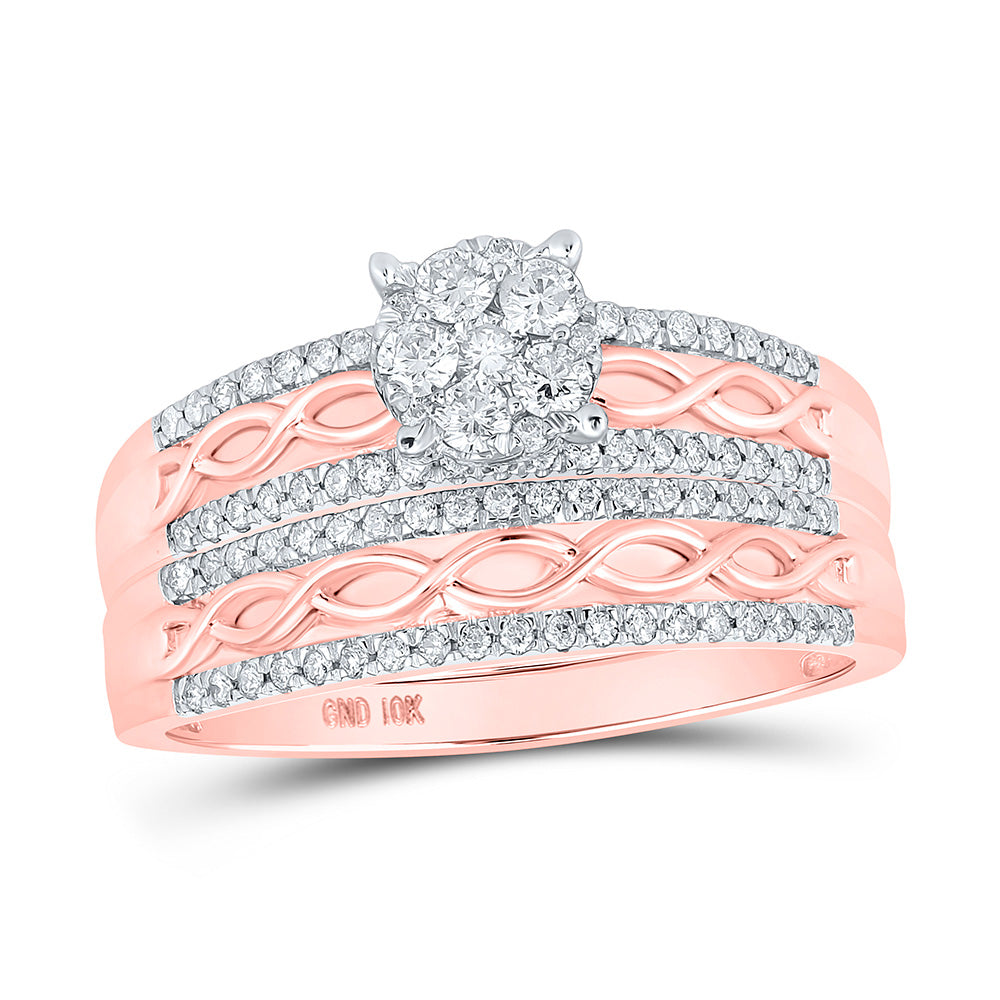 10K Yellow Or White Or Rose Gold His Hers Round Diamond Cluster Matching Wedding Set , Womens Size: 5-10, Mens Size: 7-13