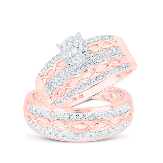 10K Yellow Or White Or Rose Gold His Hers Round Diamond Cluster Matching Wedding Set , Womens Size: 5-10, Mens Size: 7-13
