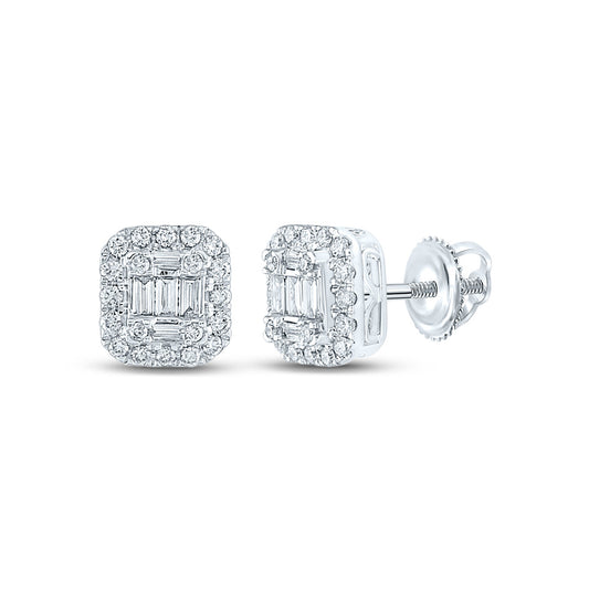14K White Gold Womens Baguette Diamond Square Cluster Earrings 1/2 Cttw