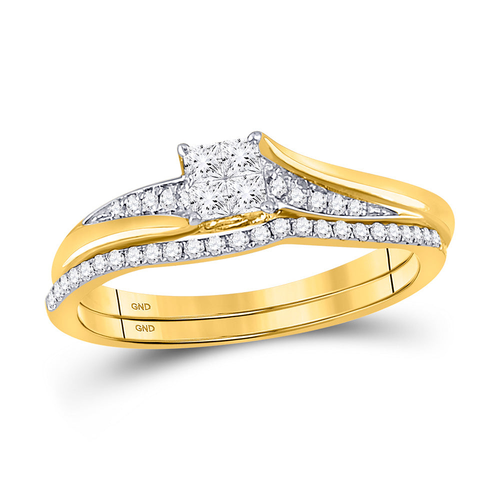 14K Yellow Gold Princess Diamond Cluster Bridal Wedding Ring Band Set 1/3 Cttw, Womens Size: 5-10