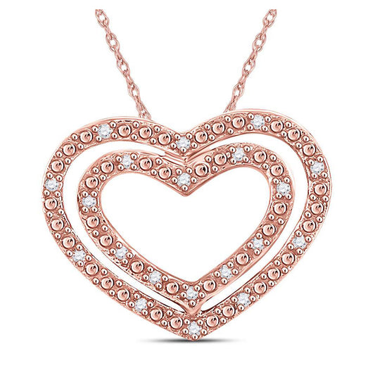10K Rose Gold Womens Round Diamond Double Heart Pendant 1/12 Cttw