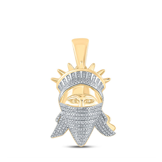 10K Yellow Gold Mens Round Diamond Lady Liberty Mask Charm Pendant 5/8 Cttw, Length: 1.6 In, Width: 0.95 In
